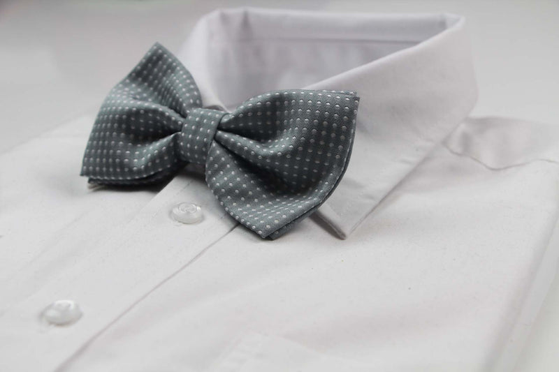 Mens Grey Plain Coloured Bow Tie With White Polka Dots