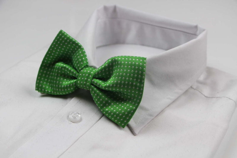 Mens Green Plain Coloured Bow Tie With White Polka Dots