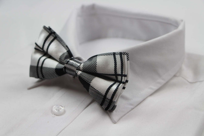 Mens Black & White Tarten Plaid Patterned Bow Tie