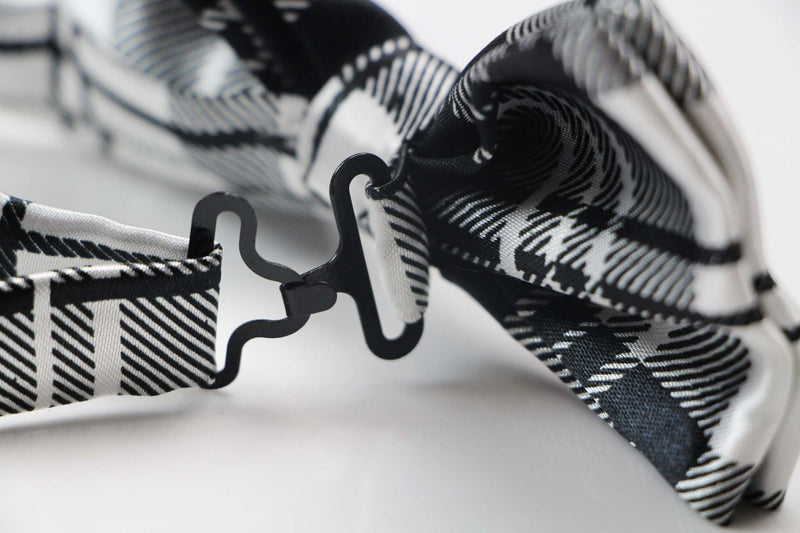 Mens Black & White Tarten Plaid Patterned Bow Tie