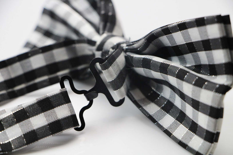 Mens Black & White Plaid Patterned Tinsel Bow Tie