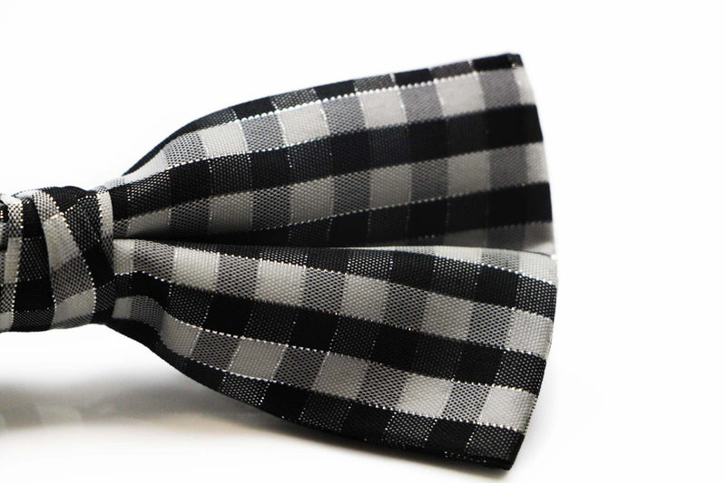 Mens Black & White Plaid Patterned Tinsel Bow Tie