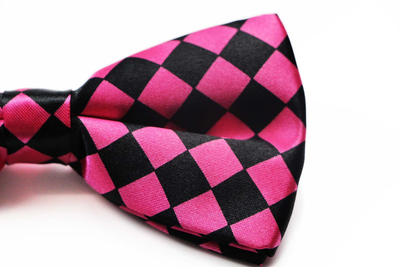 Mens Pink & Black Checkered Block Patterned Bow Tie