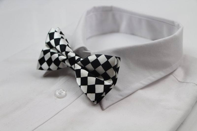 Mens White & Black Checkered Block Patterned Bow Tie