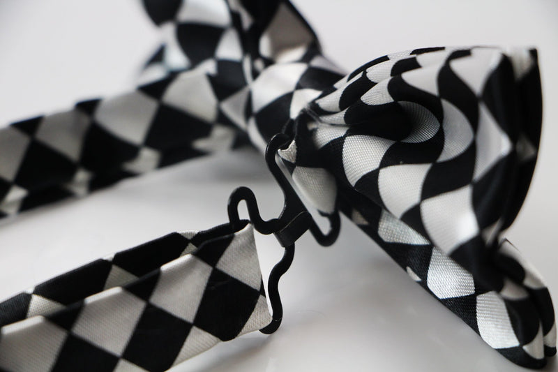 Mens White & Black Checkered Block Patterned Bow Tie