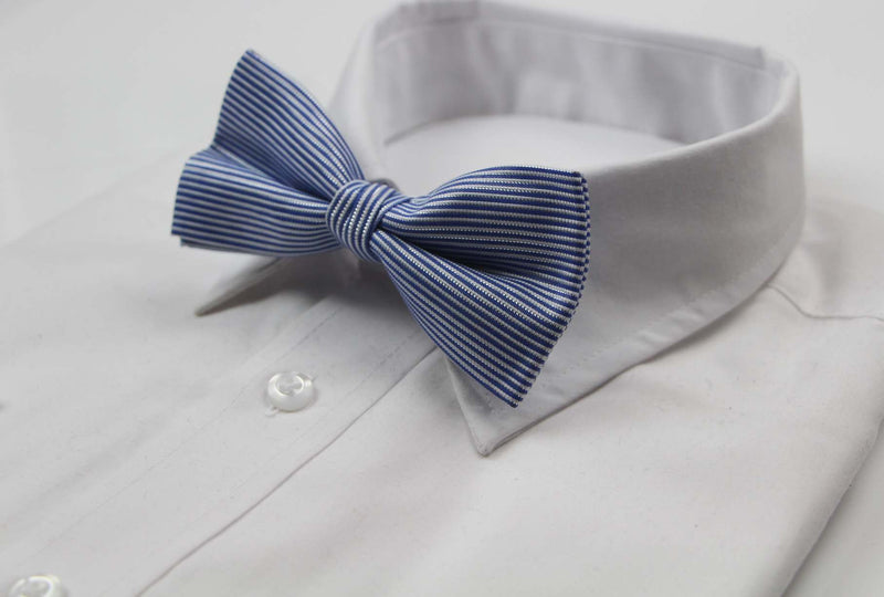 Mens Blue & White Horizontal Stripe With Silver Patterned Bow Tie