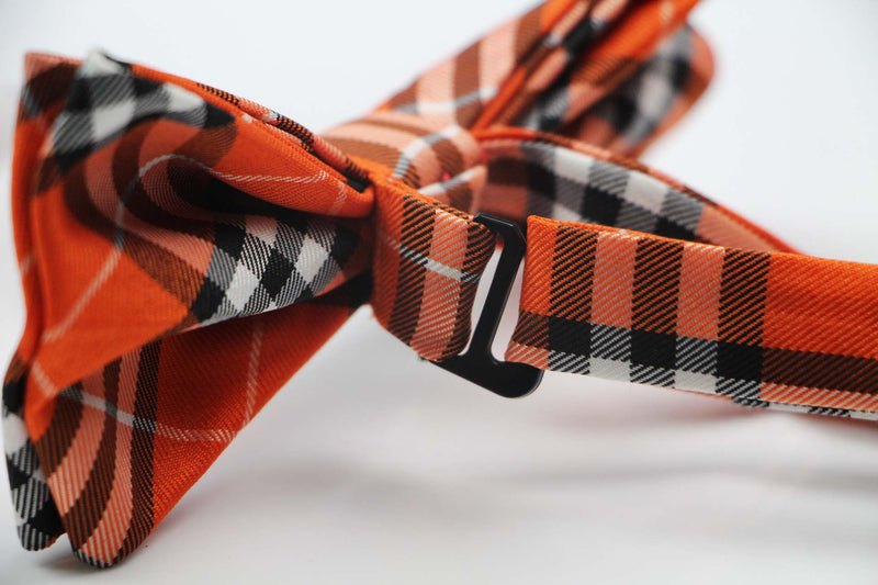 Mens Orange Plaid Patterned Bow Tie