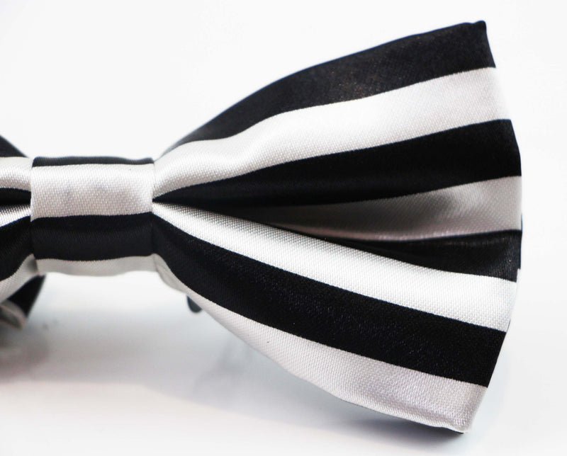 Mens Black & White Thick Horizontal Striped Patterned Bow Tie