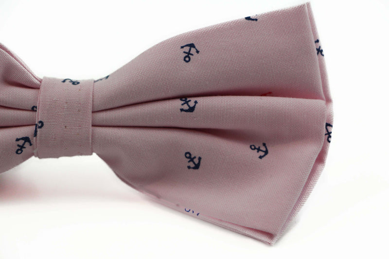 Mens Light Pink Preppy Anchor Patterned Cotton Bow Tie