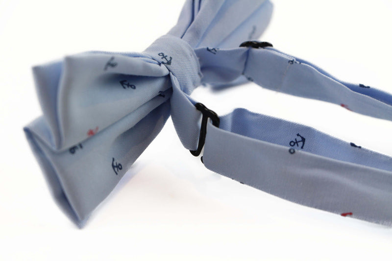 Mens Light Blue Preppy Anchor Patterned Cotton Bow Tie