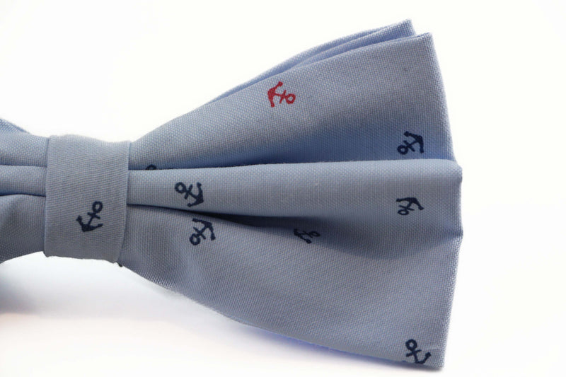 Mens Light Blue Preppy Anchor Patterned Cotton Bow Tie