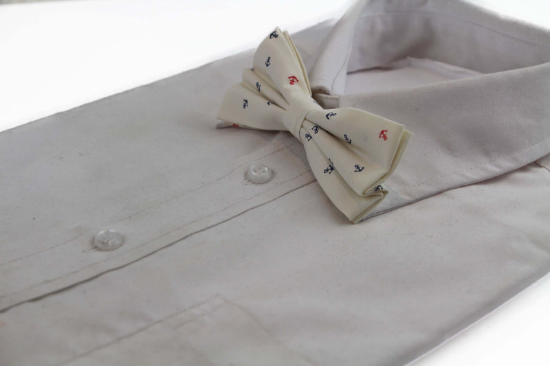 Mens Cream Preppy Anchor Patterned Cotton Bow Tie