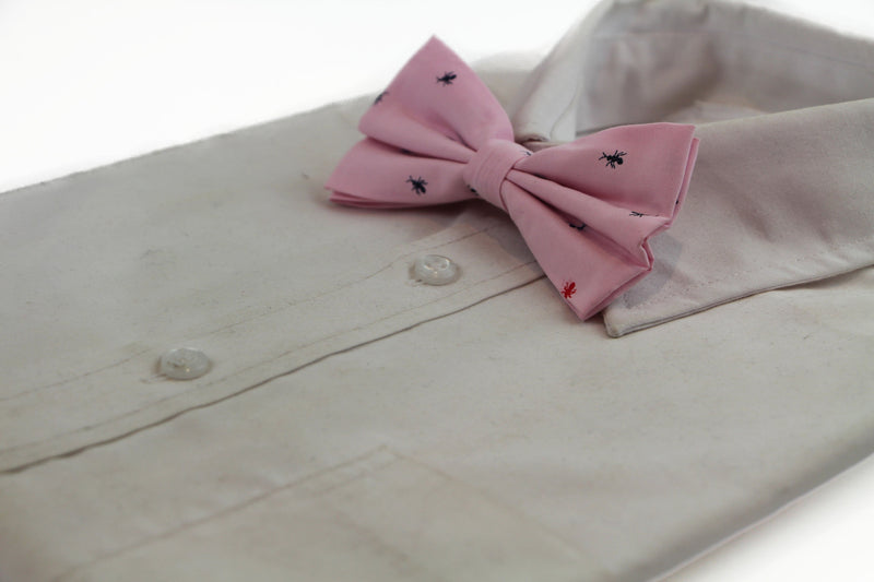 Mens Light Pink Denim Preppy Insects Patterned Cotton Bow Tie