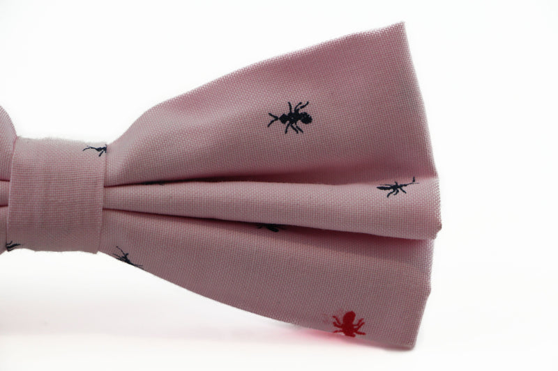 Mens Light Pink Denim Preppy Insects Patterned Cotton Bow Tie