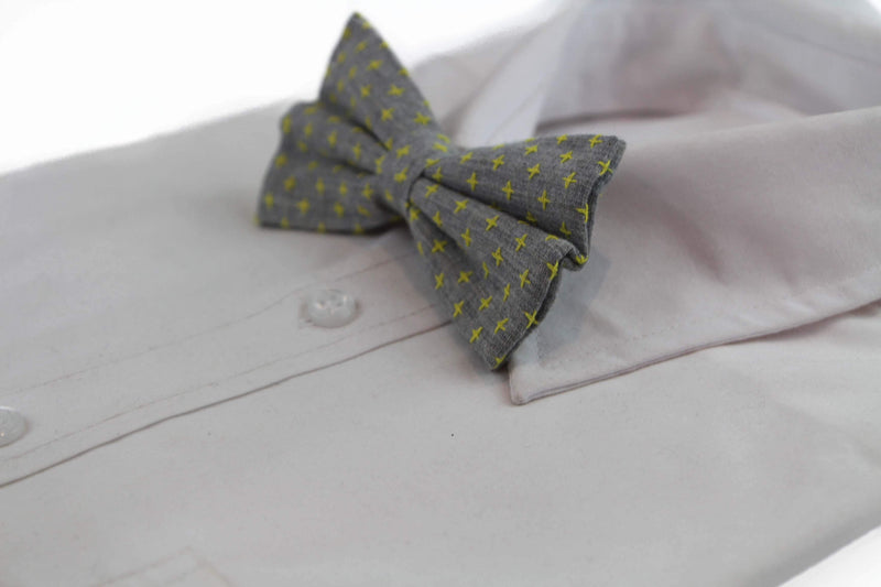 Mens Grey With Yellow Star Patterned Cotton Bow Tie