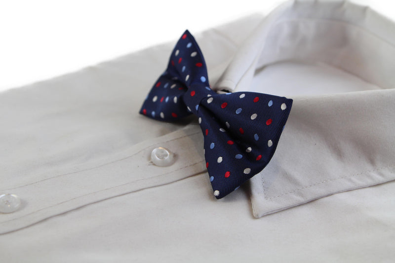 Mens Navy With Multicoloured Polka Dots Patterned Bow Tie