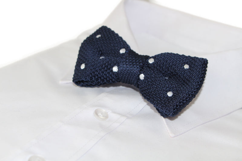 Mens Navy With White Polka Dots Knitted Bow Tie