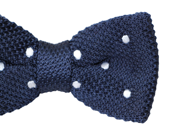 Mens Navy With White Polka Dots Knitted Bow Tie