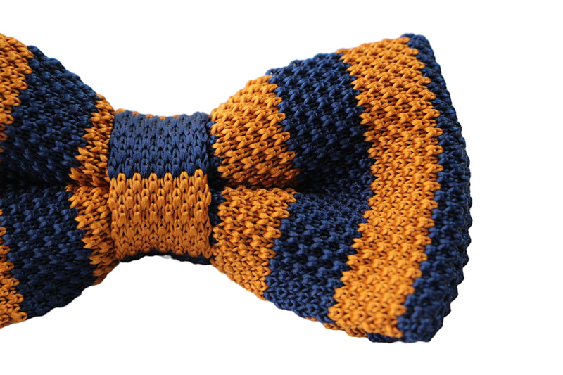 Mens Navy And Bronze Thick Vertical Striped Knitted Bow Tie