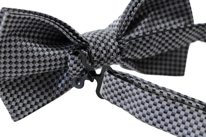 Mens Quality Dark Silver Checkered Patterned Bow Tie