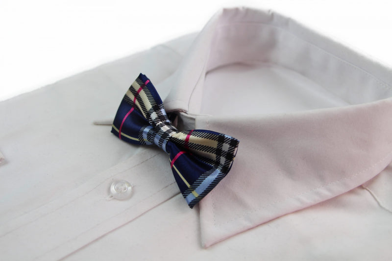 Boys Navy, Black, Gold & Pink Plaid Patterned Bow Tie - Zasel Home of Big Brands