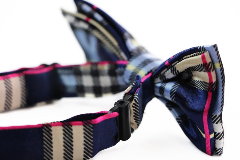 Boys Navy, Black, Gold & Pink Plaid Patterned Bow Tie - Zasel Home of Big Brands