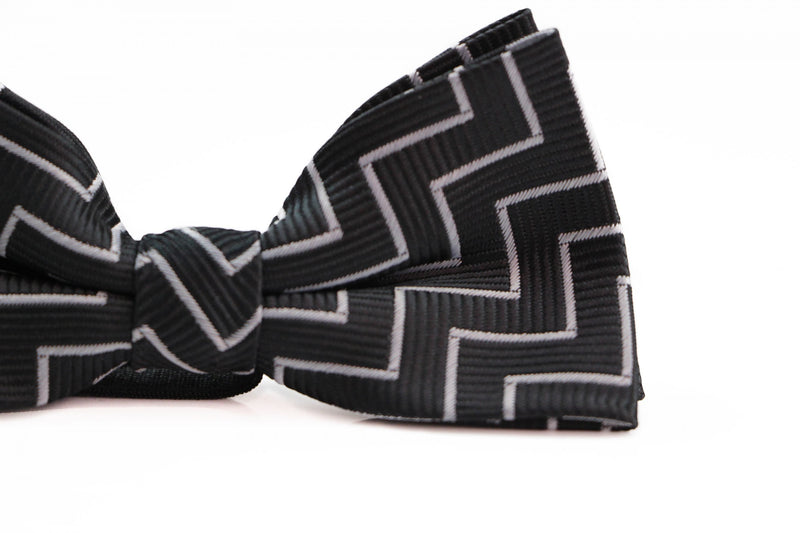 Boys Black With Silver Zigzag Patterned Cotton Bow Tie - Zasel Home of Big Brands