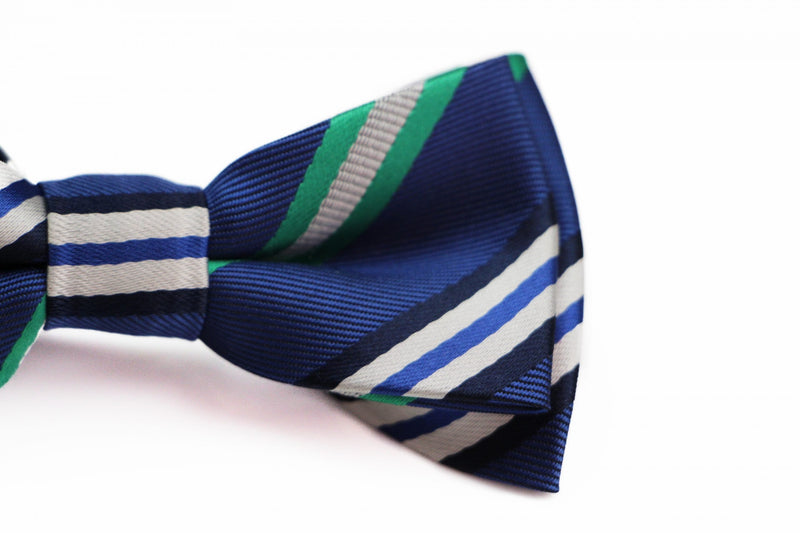 Boys Navy With Green, Silver, Blue & White Stripes Patterned Cotton Bow Tie - Zasel Home of Big Brands
