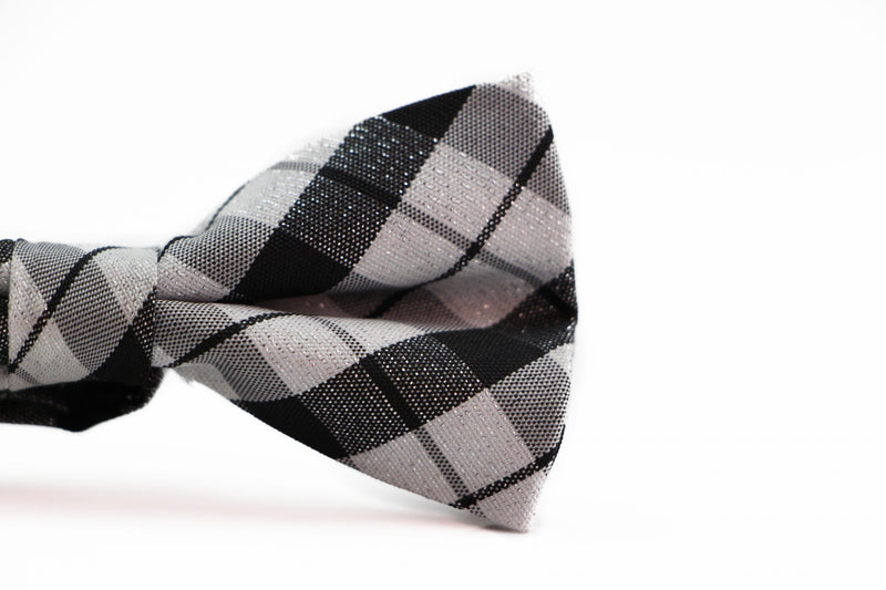 Boys Silver Tinsel With Black Plaid Patterned Cotton Bow Tie - Zasel Home of Big Brands