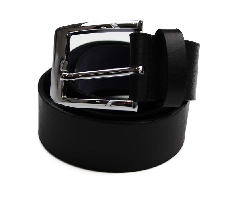 Mens Black Leather Belt With Curved Silver Buckle