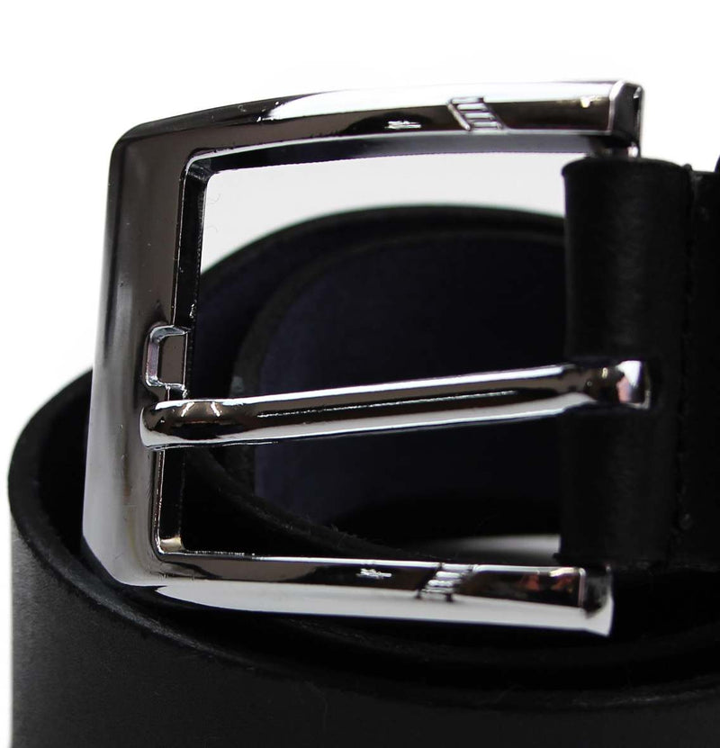 Mens Black Leather Belt With Curved Silver Buckle