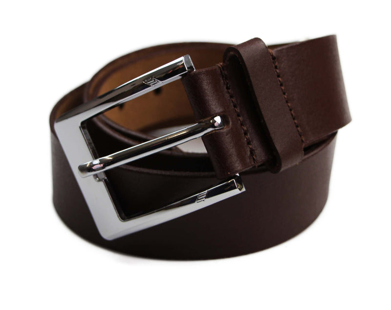 Mens  Brown Leather Belt With Curved Silver Buckle