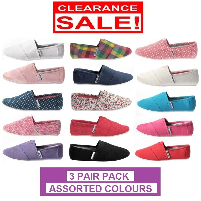 3 x Womens Zapatillas Canvas Shoes Slip On Flats Loafers Assorted Colours