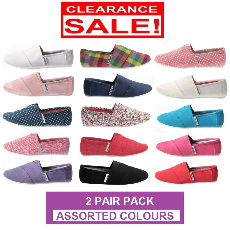2 x Womens Zapatillas Canvas Shoes Slip On Flats Loafers Assorted Colours