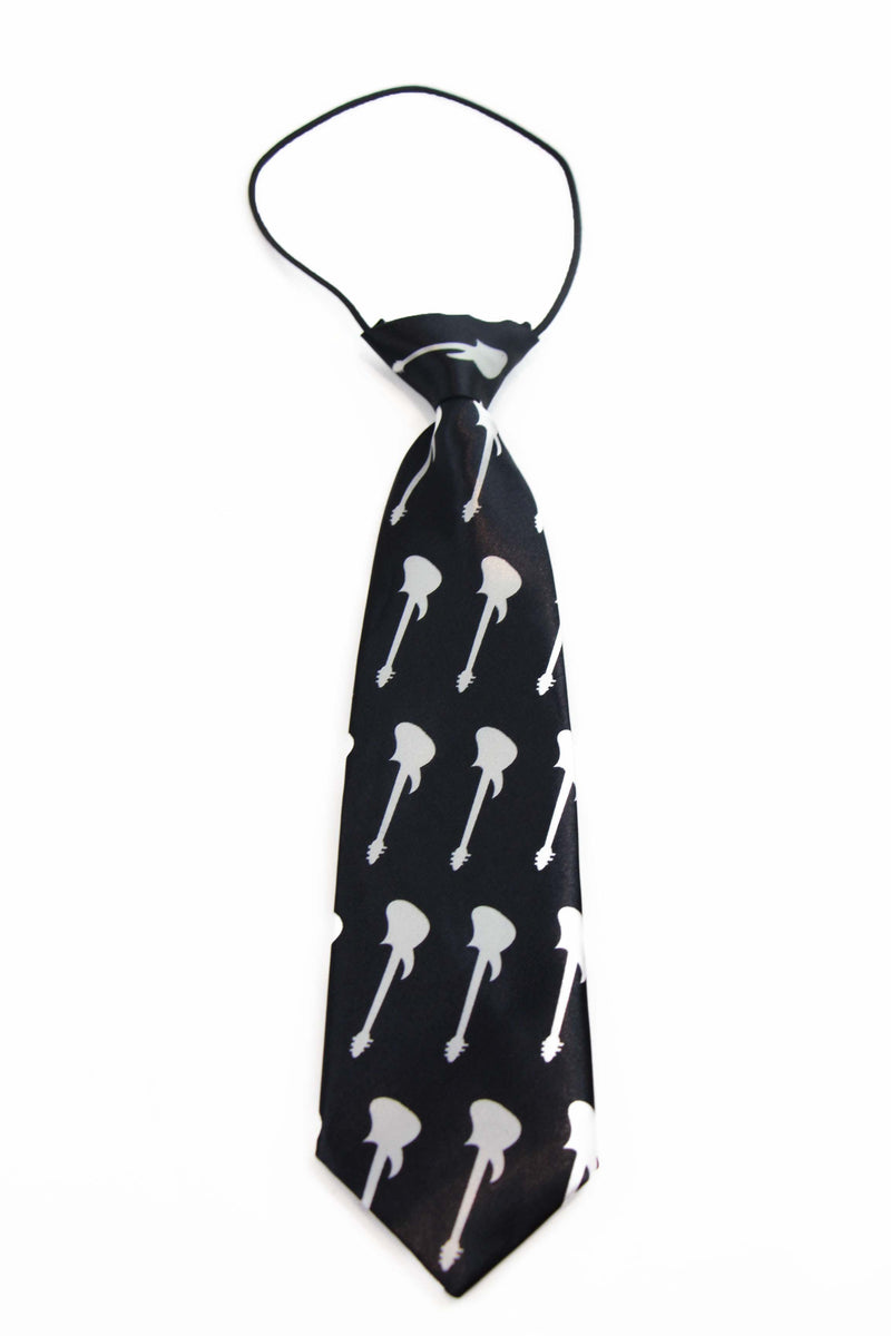 Kids Boys Black & White Patterned Elastic Neck Tie - Guitar