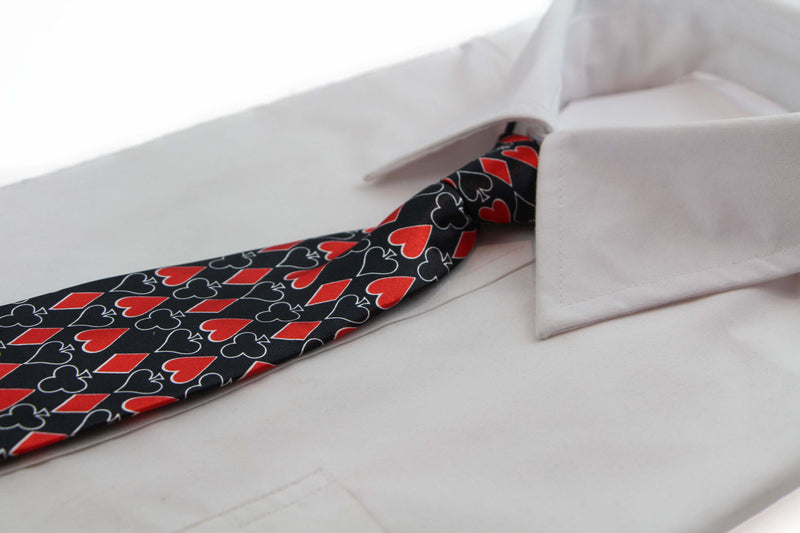 Kids Boys Black & Red Patterned Elastic Neck Tie - Playing Card Suits