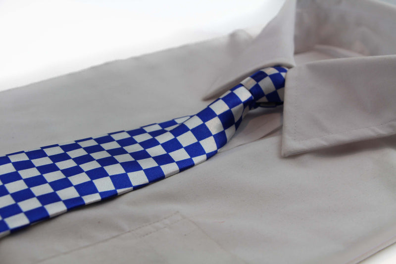 Kids Boys Blue & White Patterned Elastic Neck Tie - Small Checkers