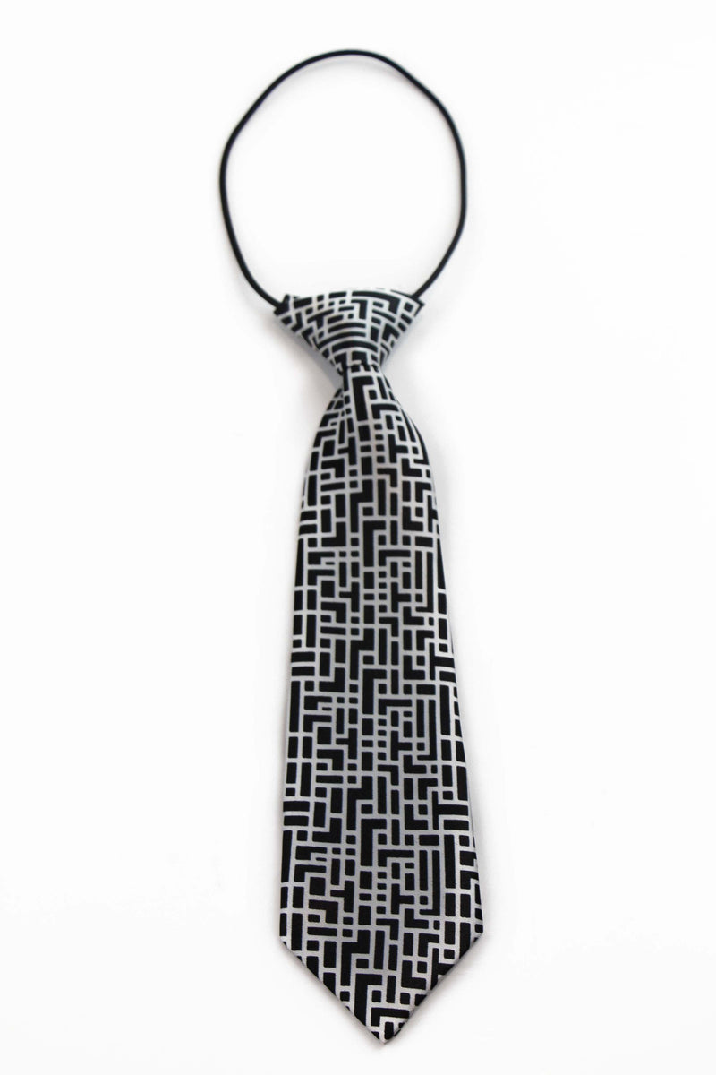 Kids Boys Black & White Patterned Elastic Neck Tie - Maze