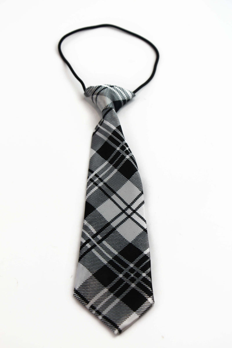 Kids Boys White & Black Patterned Elastic Neck Tie - Criss Cross White