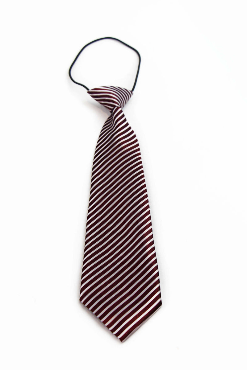 Kids Boys Maroon & White Patterned Elastic Neck Tie - Very Thin Diagonal Stripe