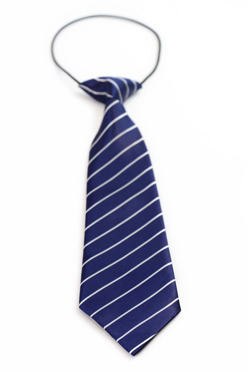Kids Boys Navy & White Patterned Elastic Neck Tie - Thick Navy Diagonal Stripe
