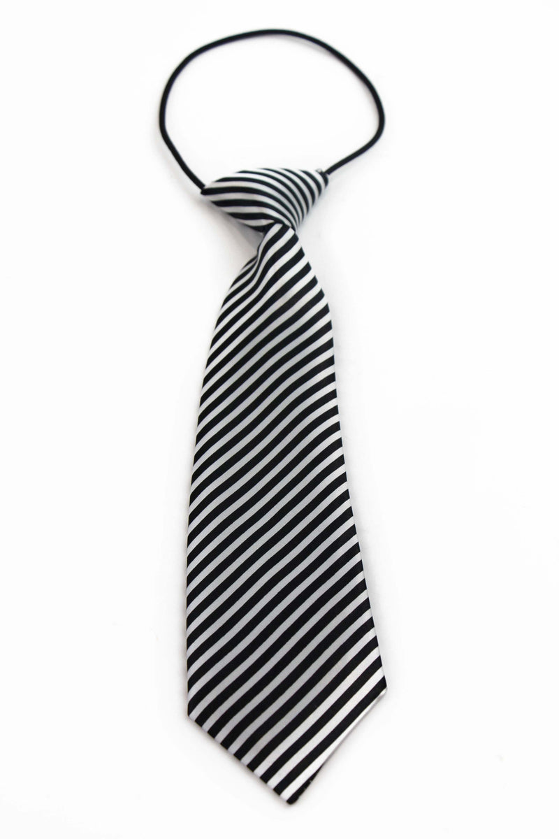 Kids Boys White & Black Patterned Elastic Neck Tie - Thin Diagonal Stripe