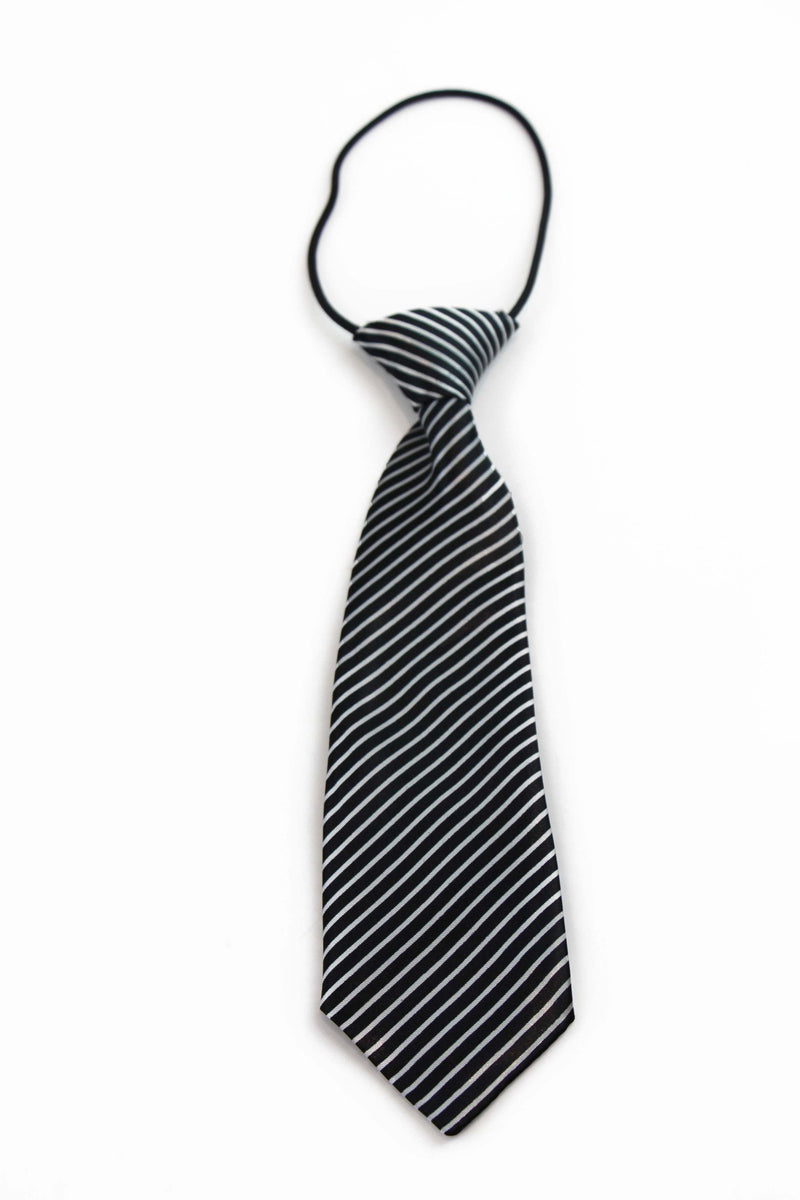 Kids Boys Black & White Patterned Elastic Neck Tie - Thin Diagonal Stripe