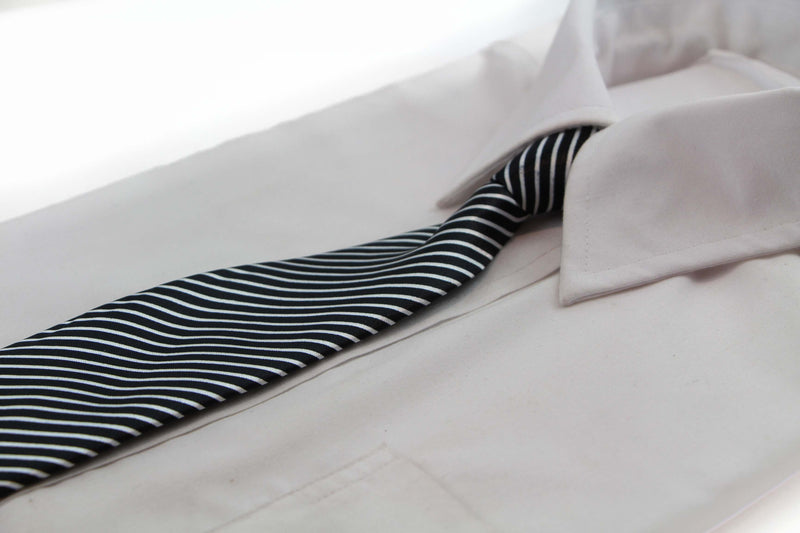 Kids Boys Black & White Patterned Elastic Neck Tie - Thin Diagonal Stripe
