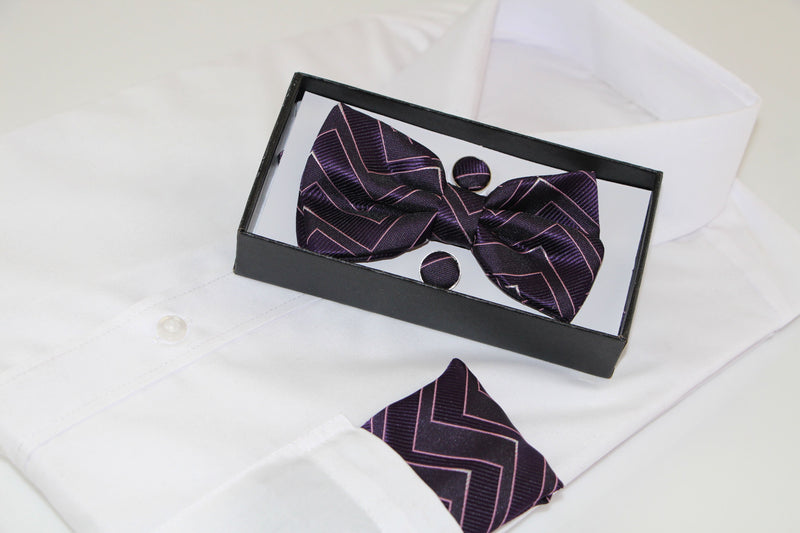Mens Dark Purple Zig Zag Matching Bow Tie, Pocket Square & Cuff Links Set