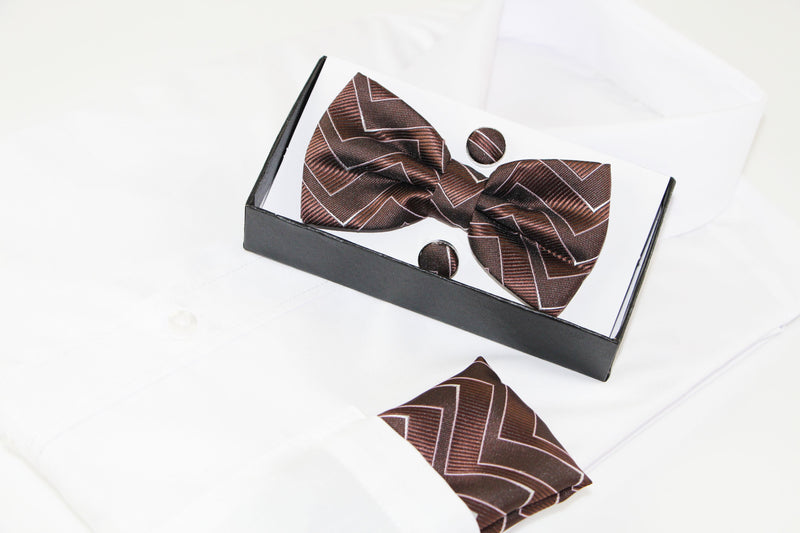 Mens Brown Zig Zag Matching Bow Tie, Pocket Square & Cuff Links Set