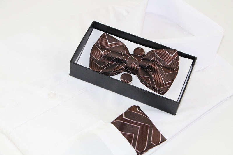 Mens Brown Zig Zag Matching Bow Tie, Pocket Square & Cuff Links Set