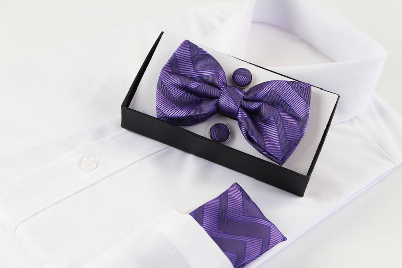 Mens Purple Zig Zag Matching Bow Tie, Pocket Square & Cuff Links Set