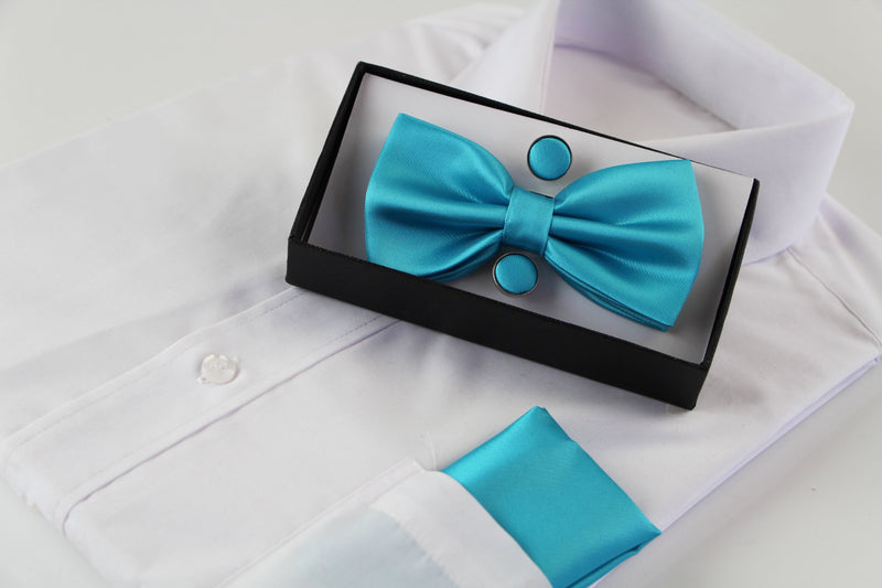 Mens Sky Blue Matching Bow Tie, Pocket Square & Cuff Links Set
