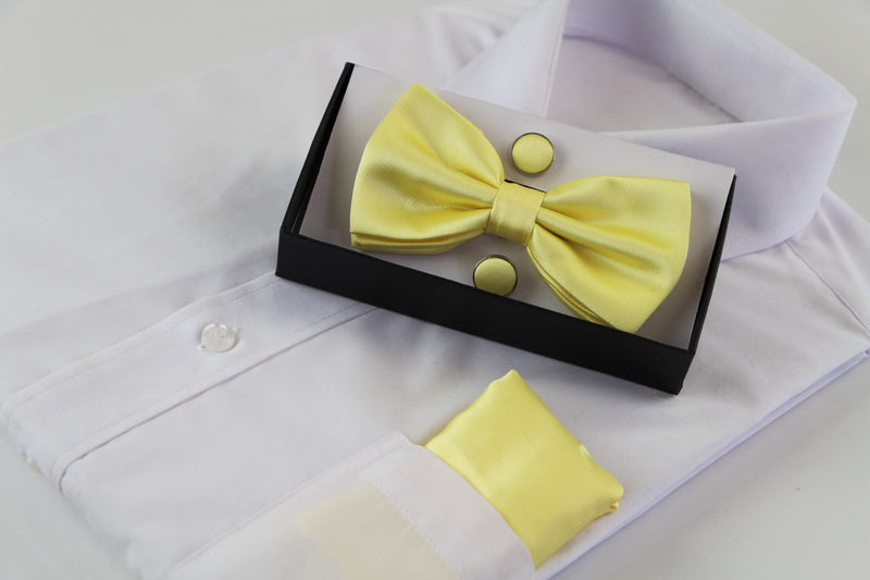 Mens Pastel Yellow Matching Bow Tie, Pocket Square & Cuff Links Set